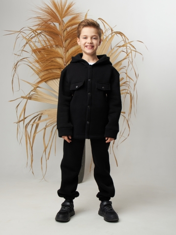 Купить оптом 333. Костюм детский (Брюки+Толстовка) на кнопках, черный, хлопок 65%, 35% ПЭ, 3-х нитка с  начесом 98,104,110,116 в Братске