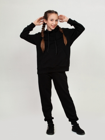 311-Ч. Свитшот с капюшоном + Штаны, хлопок 65%, 35% ПЭ, 3-х нитка ( без начеса) черный 146,152,158