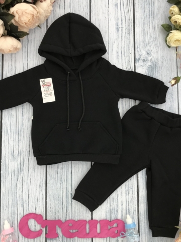 Купить оптом 296-Ч. Свитшот с капюшоном + Штаны, хлопок 65%, 35% ПЭ, 3-х нитка (начес) черный 80,86,92 в Братске